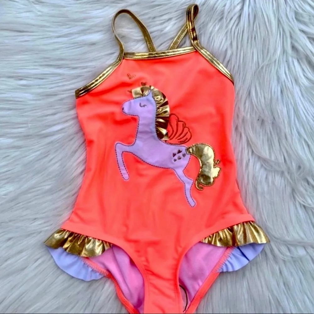 Girls One Piece Horse & Ruffles Swimsuit Coral & Gold Toddler 2T